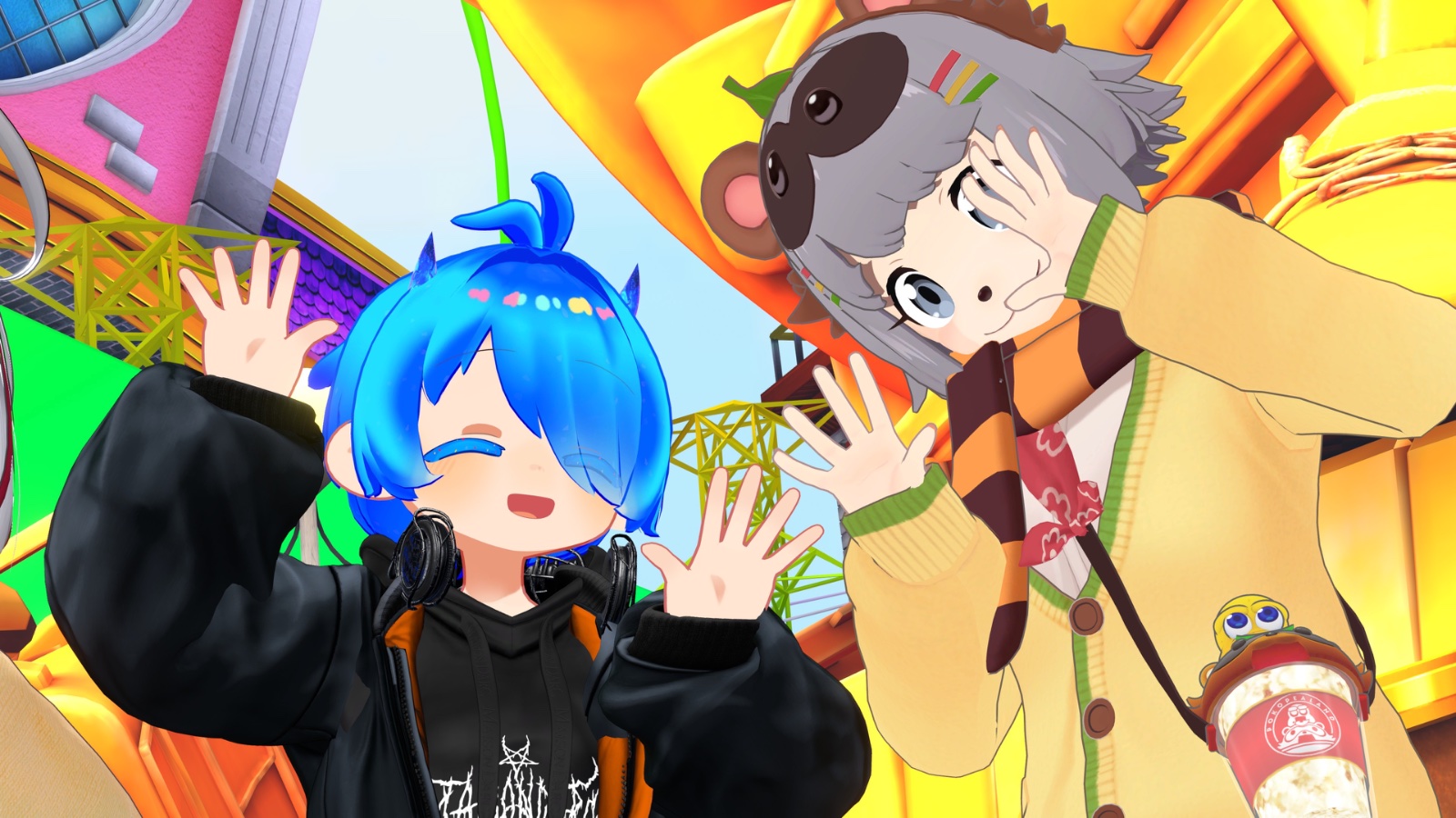 シピルカくんとぽんぽこさんが両手を広げて記念撮影をしている様子のVRC内写真。場所はぽこピーランド
