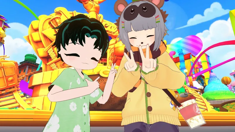 ぽこピーランドにて、甲賀流忍者ぽんぽこと、深緑色のメッシュ髪の少年アバター「バノーニ」がならんでカメラにピースしている