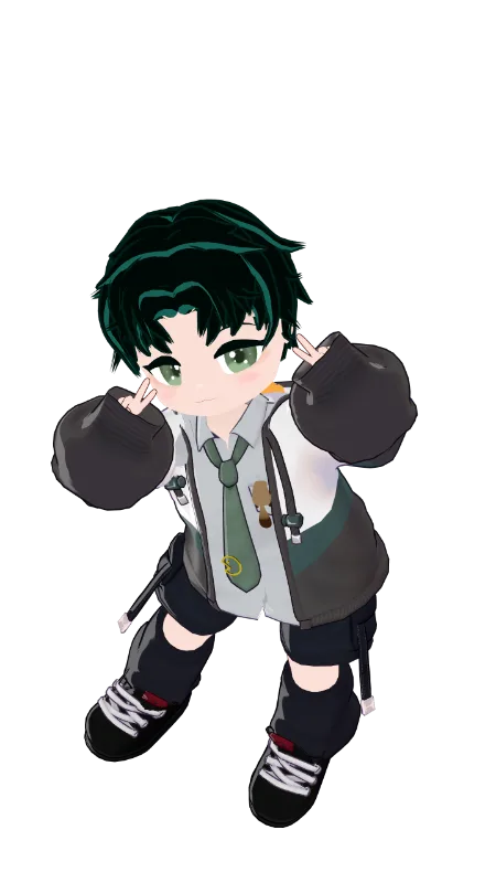 深緑色のメッシュ髪の少年アバター「バノーニ」が、片手でピースサインをしている。胸ポケットにはたぬきが頭を突っ込んで入っていて、おしりとしっぽだけ出ている