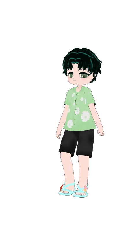深緑色のメッシュ髪の少年アバター「バノーニ」が、緑色の花柄シャツと黒いハーフパンツ、白い鼻緒のサンダルを身につけて立っている。