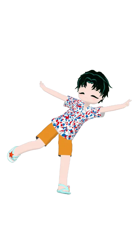 深緑色のメッシュ髪の少年アバター「バノーニ」が、白地に赤と青の大阪関西万博の「こみゃく」模様が入ったシャツとオレンジ色のハーフパンツ、サンダルを身につけ、両腕を広げて片足を上げたポーズをしている。